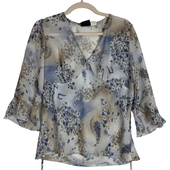 Route 66 VTG Y2K Floral Top Babydoll Belle Sleeves Sheer  Fairycore XL *READ - Picture 2 of 15